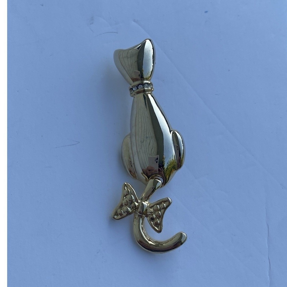 Vintage Cat Brooch Articulated Tail Rhinestone Collar Bow Silver Tone